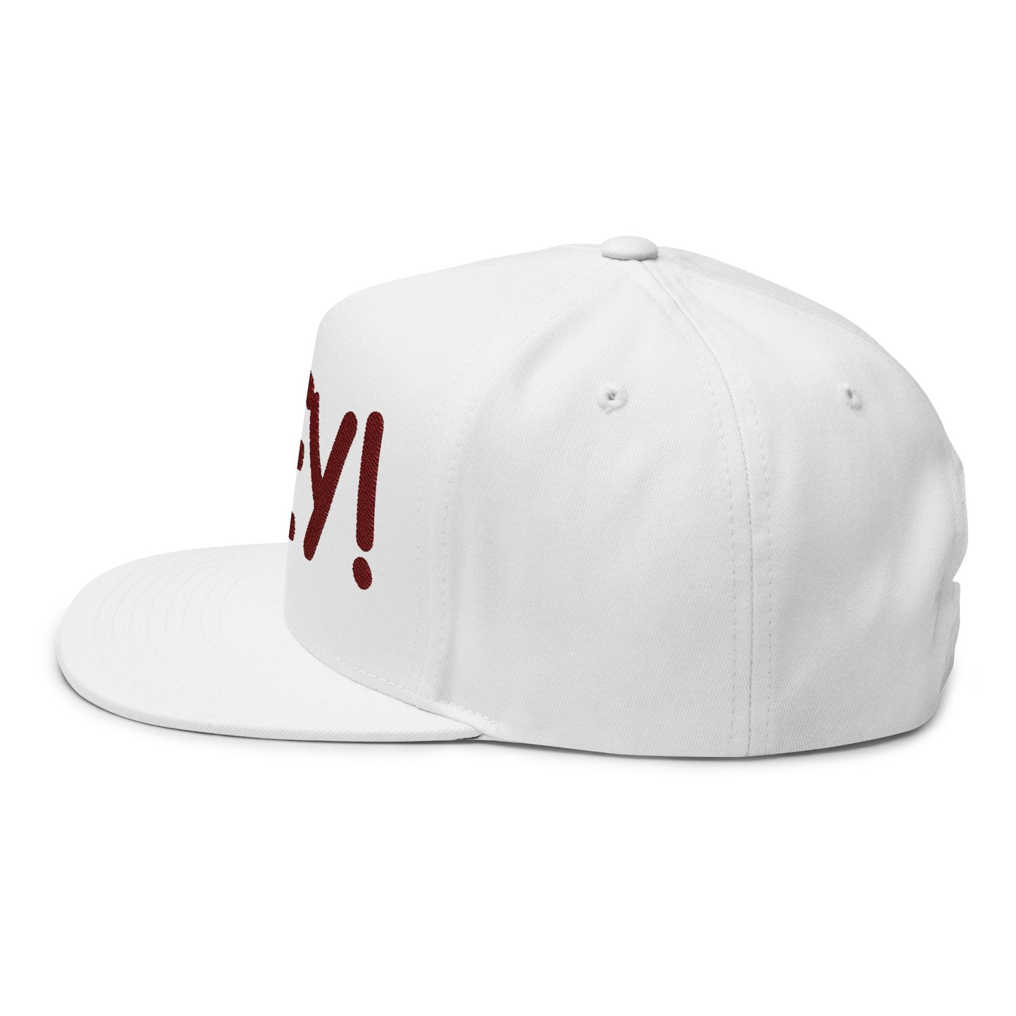 HEY! Embroidered Flat Bill Cap — Bold Greeting Snapback Hat