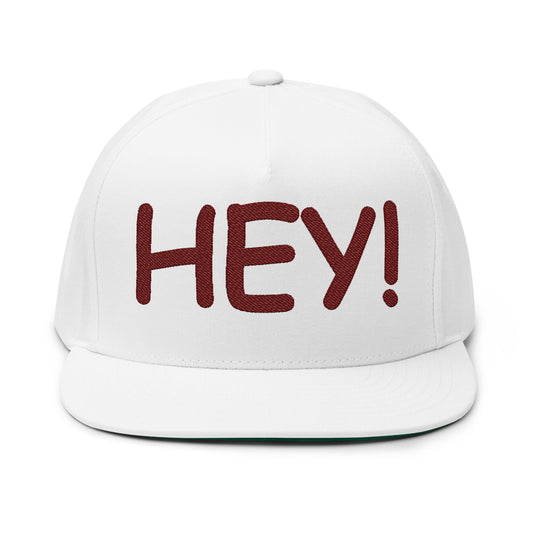 HEY! Embroidered Flat Bill Cap — Bold Greeting Snapback Hat